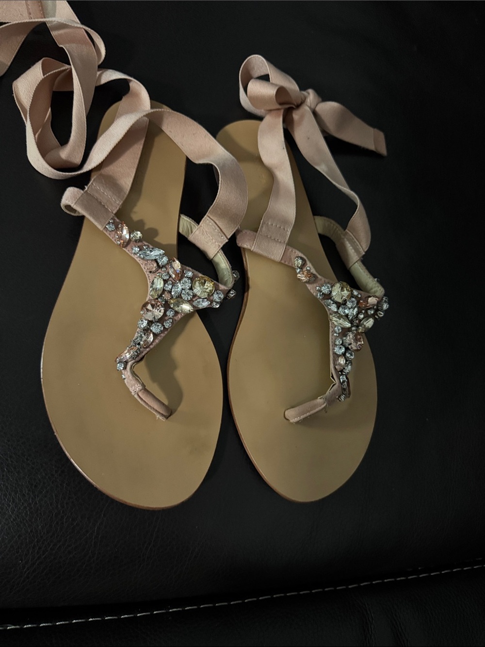 Ann Taylor Blush Pink Jeweled Ankle Tie Sandals